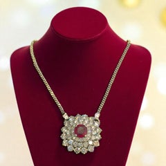Beautiful 6.86 Cts Round Brilliant Cut Diamonds Ruby Pendant Necklace 14K Gold