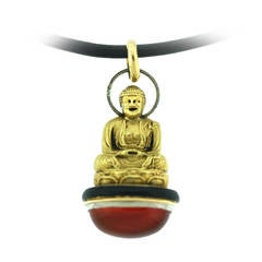 Art Deco French Enamel Carnelian Gold Buddha Pendant