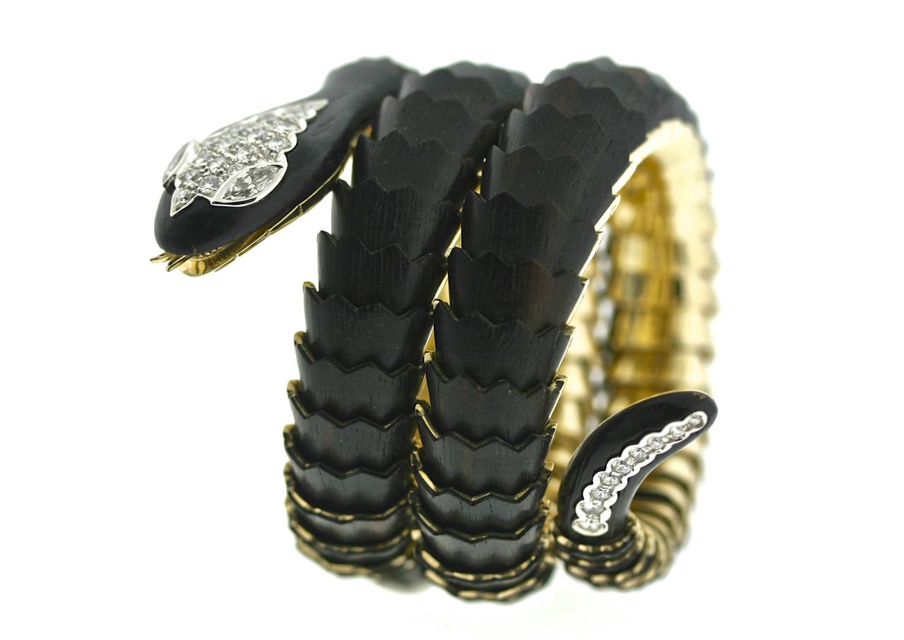 Illario Ebony Diamond Scaled Gold Coiled Serpent Bracelet 1