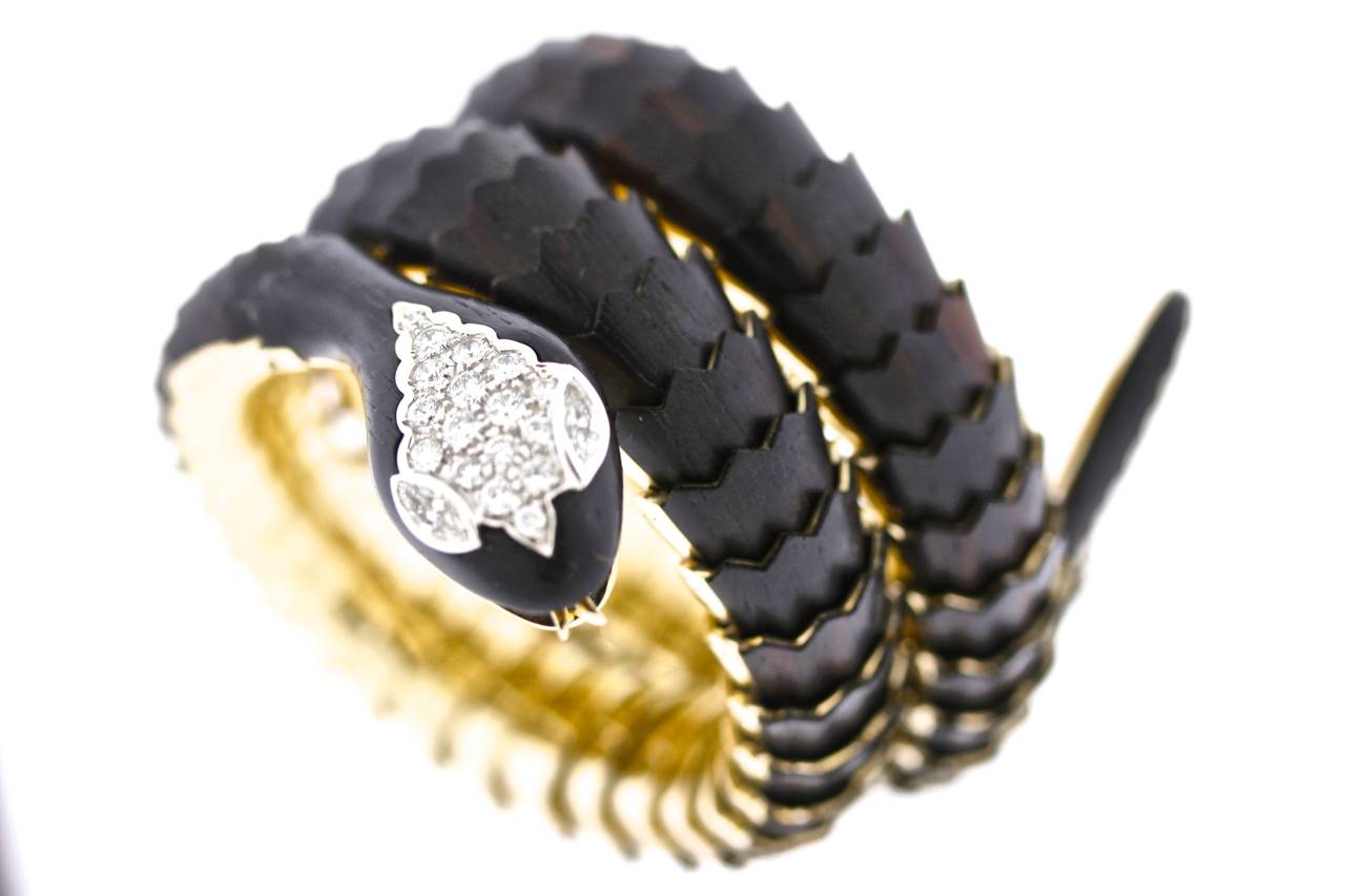 Women's Illario Ebony Diamond Scaled Gold Coiled Serpent Bracelet