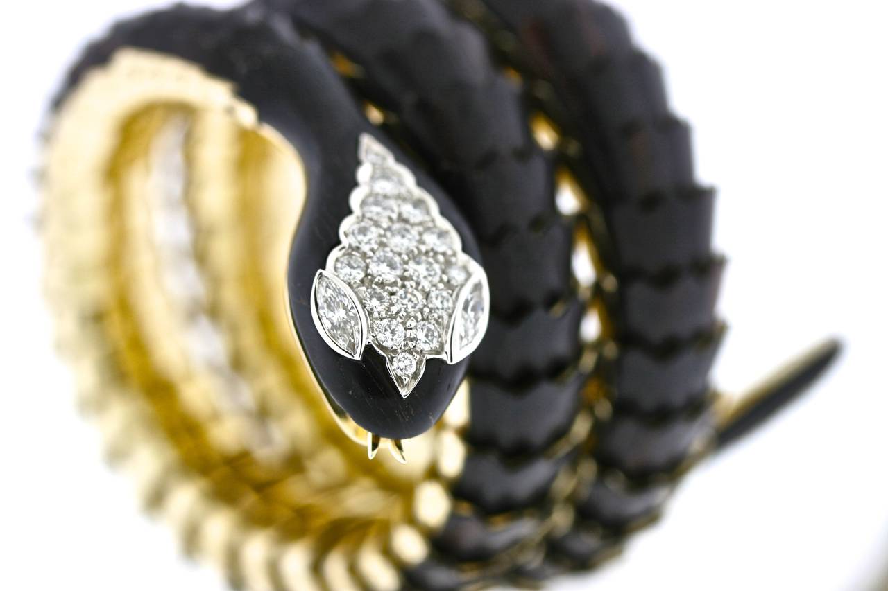 Illario Ebony Diamond Scaled Gold Coiled Serpent Bracelet In Excellent Condition In New York, NY