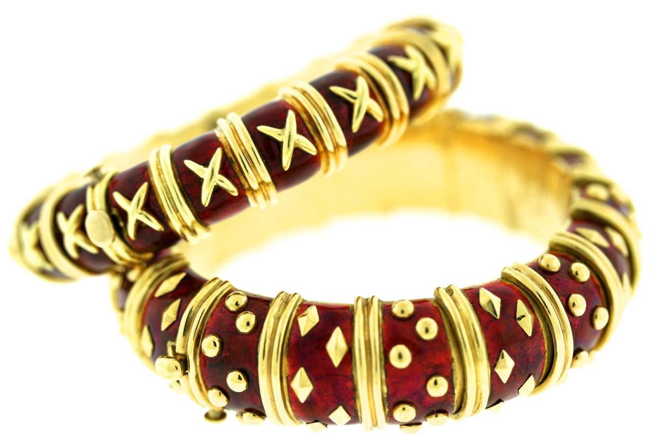 Tiffany & Co exquisite ruby red enamel bracelets by Jean Schlumberger. Available as a pair or sold separately the 