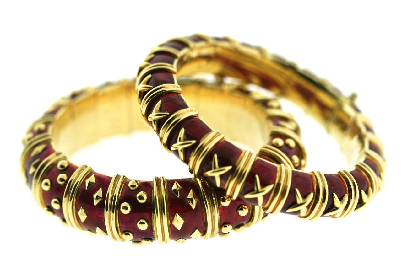 Women's Tiffany & Co. Schlumberger Red Enamel Gold Bangles