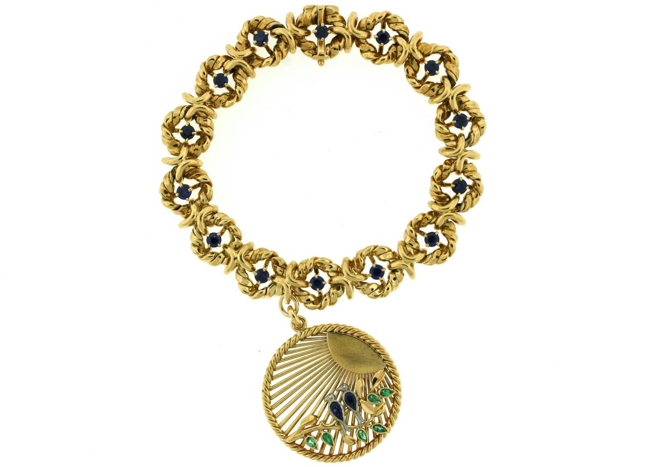 Van Cleef & Arpels Sapphire Emerald Diamond Gold Lovebirds Charm Bracelet 1