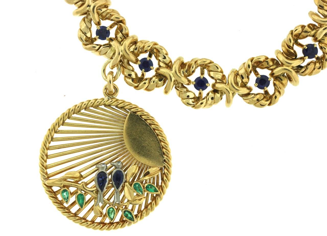 Women's Van Cleef & Arpels Sapphire Emerald Diamond Gold Lovebirds Charm Bracelet