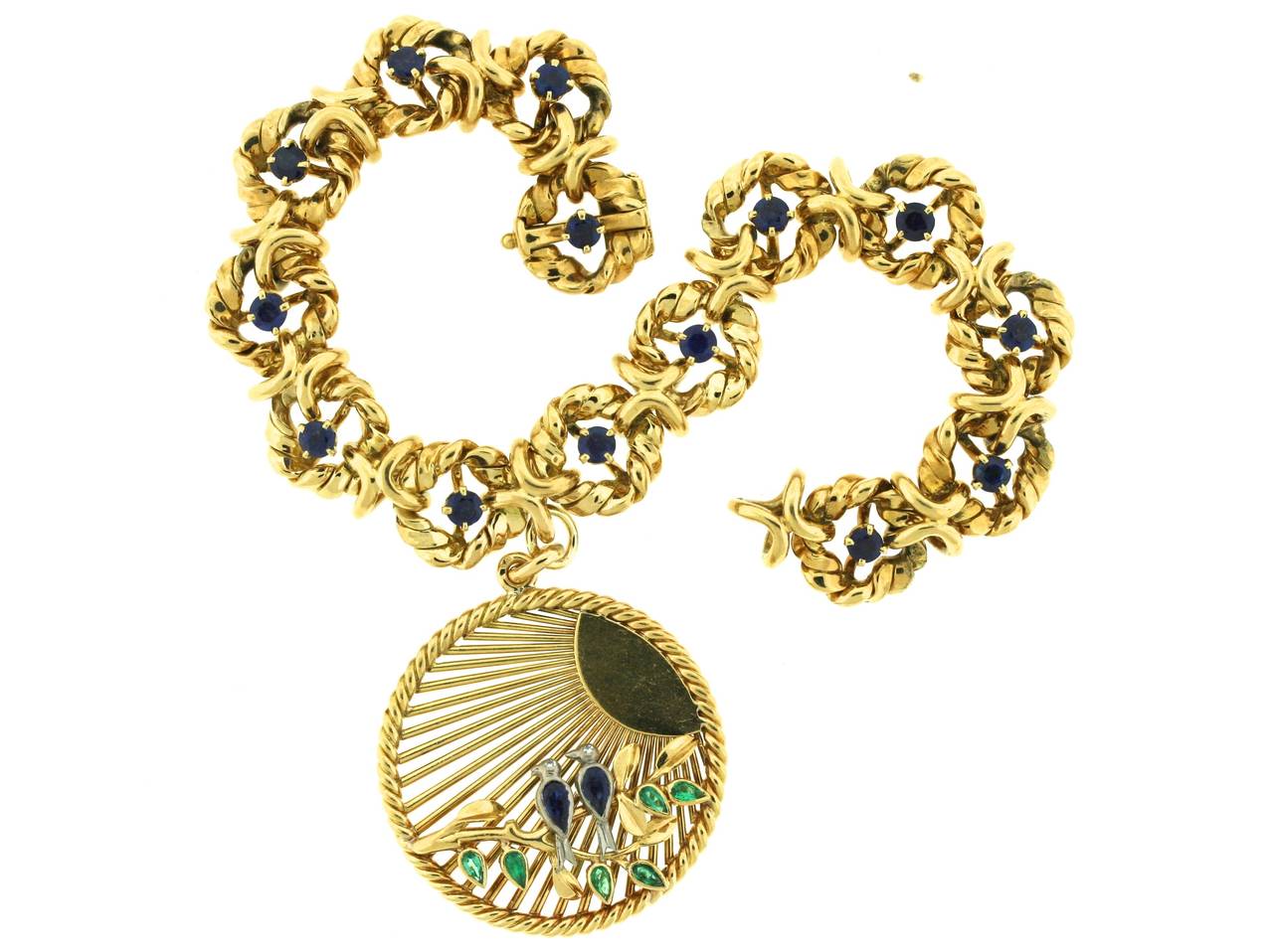 Van Cleef & Arpels Sapphire Emerald Diamond Gold Lovebirds Charm Bracelet