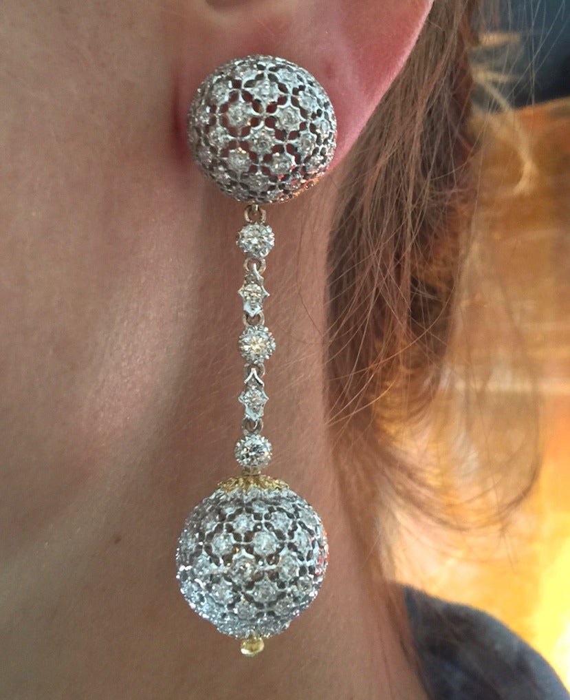 Women's Buccellati Diamond Set Gold Ball Ear Pendants