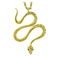 Vintage Gem Set Gold Serpent Pendant Necklace