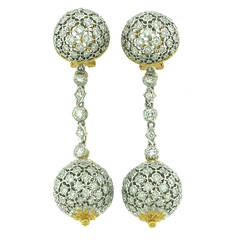 Vintage Buccellati Diamond Set Gold Ball Ear Pendants