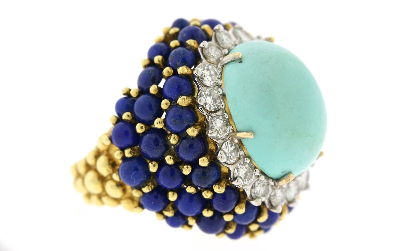 Women's La Triomphe Turquoise Lapis Diamond Gold Bombe Cocktail Ring