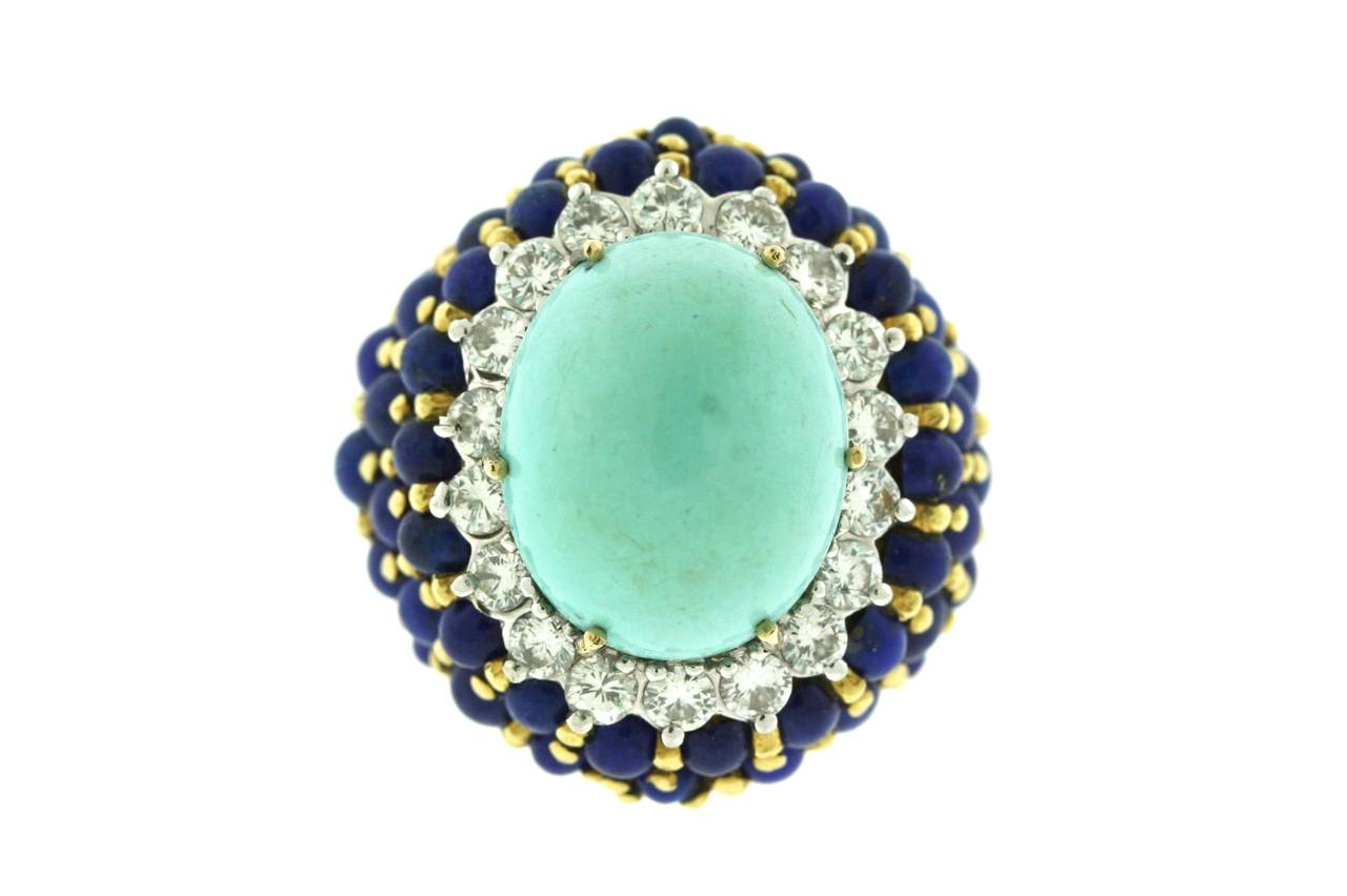 La Triomphe Turquoise Lapis Diamond Gold Bombe Cocktail Ring In Excellent Condition In New York, NY