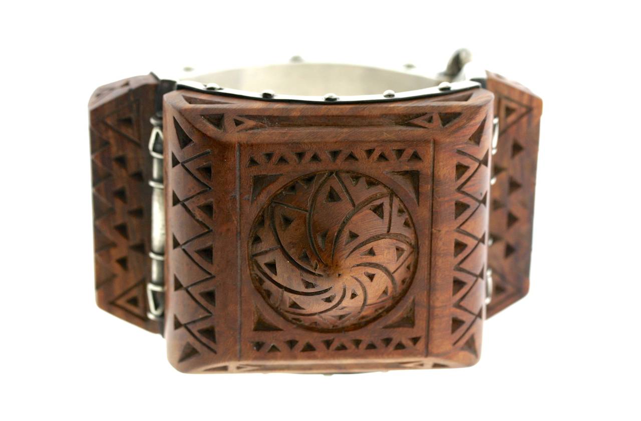 H. Kleiss Art Deco Carved Wood and Sterling Silver Cuff