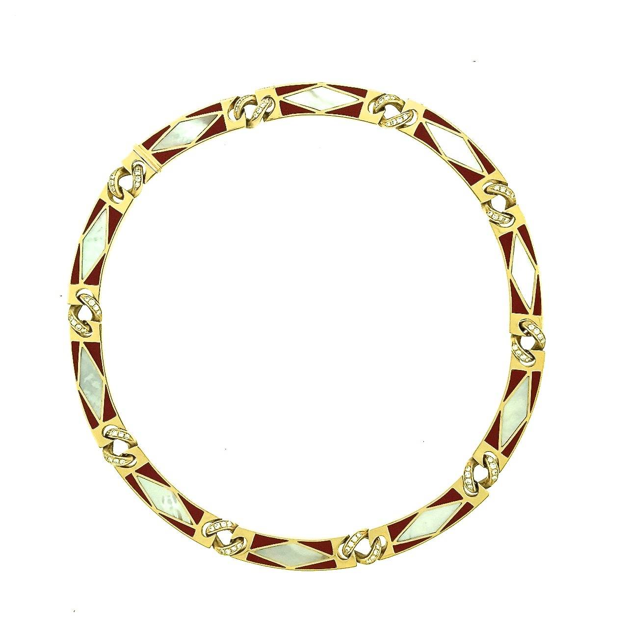 Bulgari 18k gold necklace designed as curved rectangular links of gold with inlaid red enamel and centers of diamond-shaped mother-of-pearl. Each section is joined to the next by a diamond-set gold link with eight white round brilliant cut diamonds