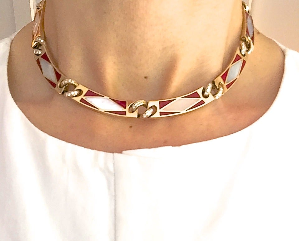 1970s Bulgari Enamel Diamond Gold Necklace In Excellent Condition In New York, NY