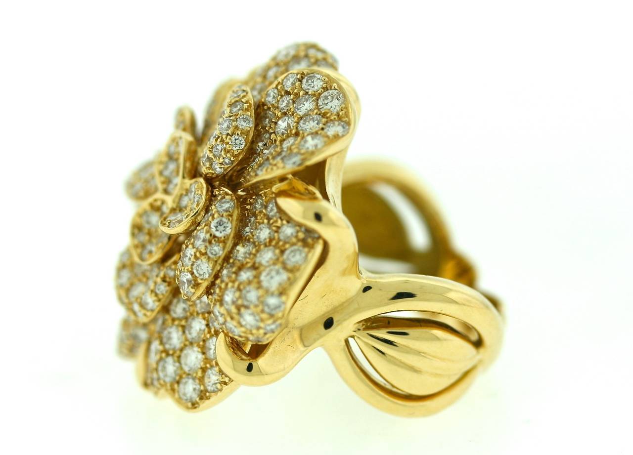 Chanel Diamond Gold Camelia Ring In Excellent Condition For Sale In New York, NY