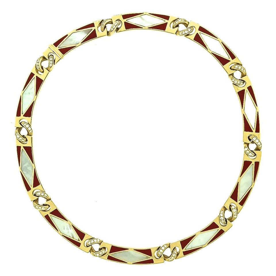 1970s Bulgari Enamel Diamond Gold Necklace