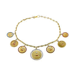 Vintage "QU'HIER QUE DEMAIN" Gold Gem Set Charm Necklace