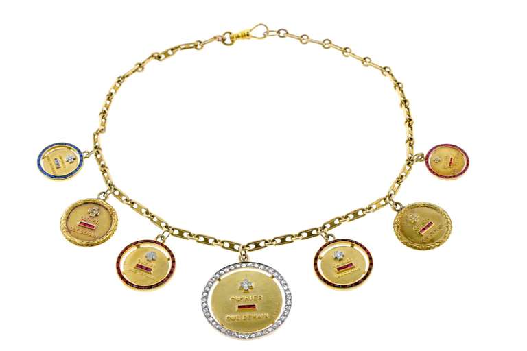"QU'HIER QUE DEMAIN" Gold Gem Set Charm Necklace