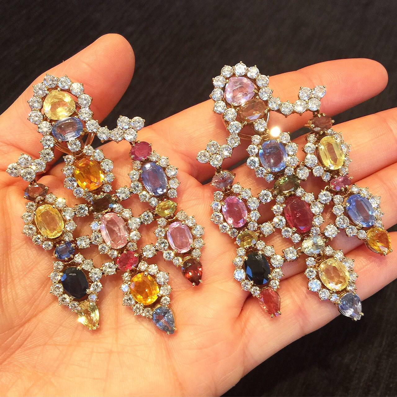 A Pair of Glamorous Sapphire and Diamond Chandelier Earrings In Excellent Condition In New York, NY