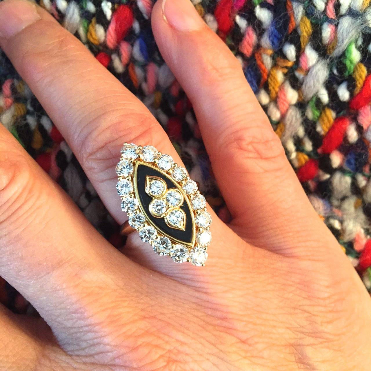 Van Cleef & Arpels Paris Onyx Diamond Gold Navette Ring In Excellent Condition In New York, NY