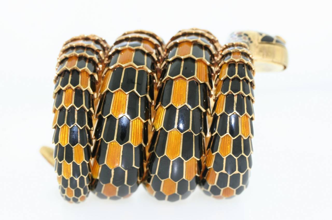 Women's Bulgari Lady's Yellow Gold Serpenti Enamel Diamond Bracelet Wristwatch For Sale