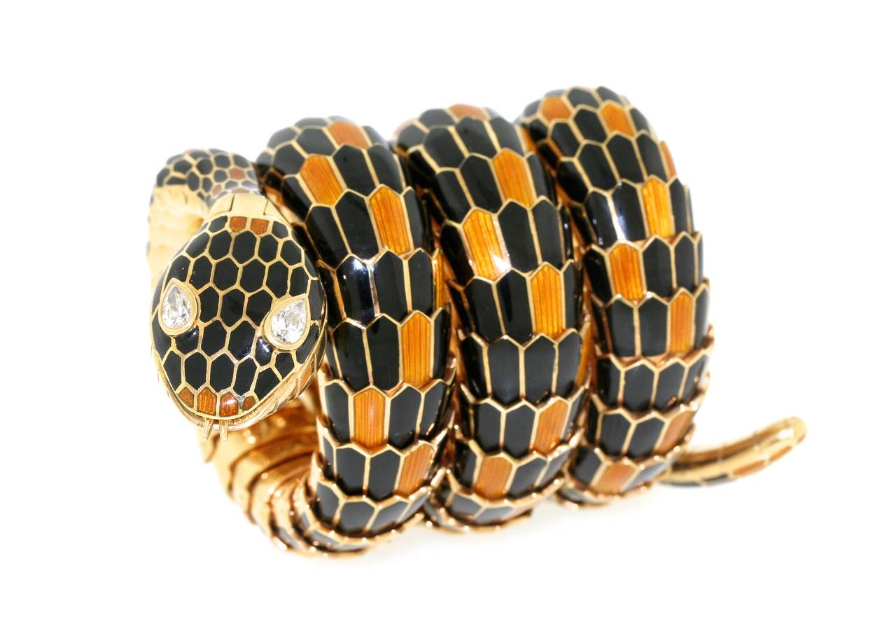 Bulgari Lady's Yellow Gold Serpenti Enamel Diamond Bracelet Wristwatch For Sale 2