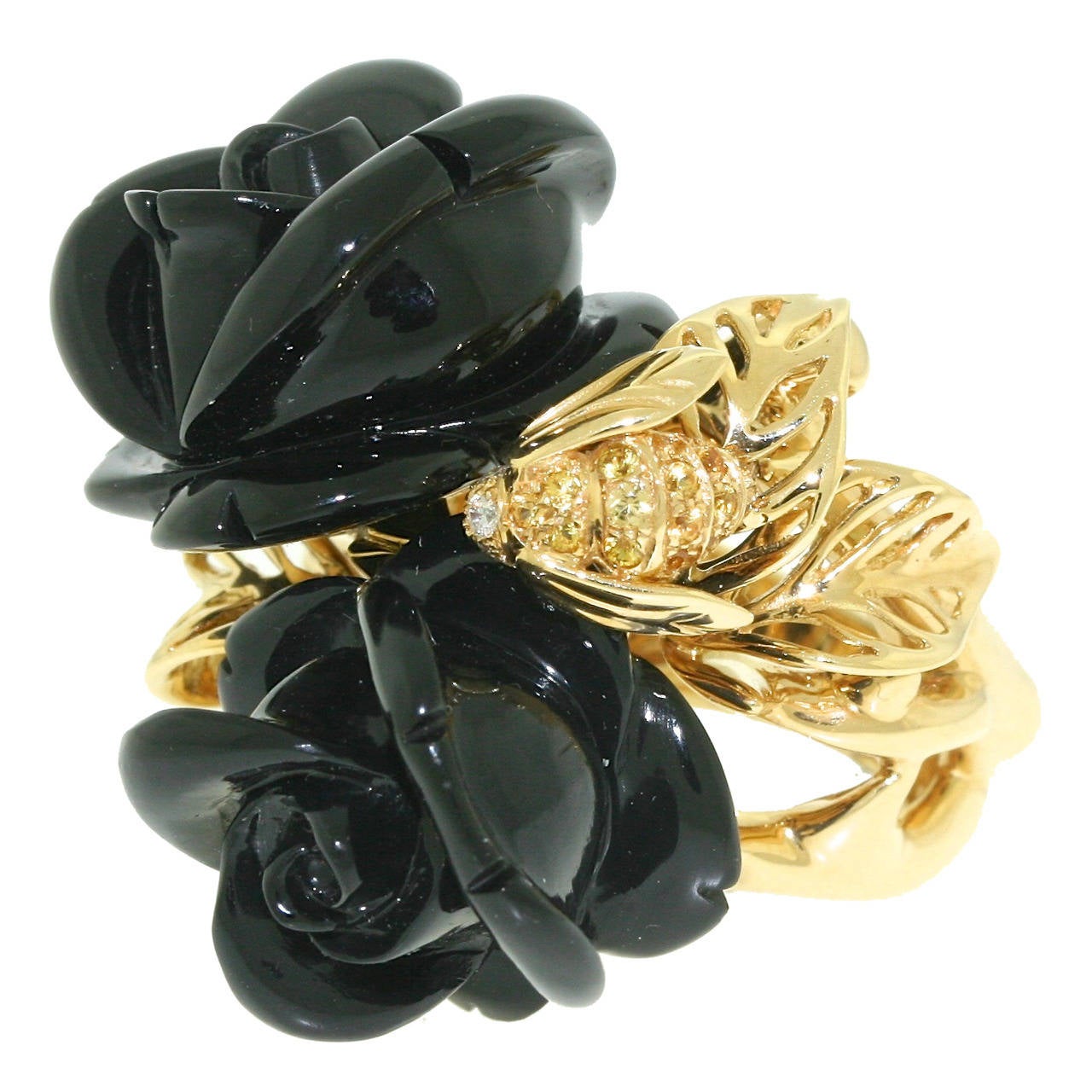 Christian Dior Pre Catalan Collection Onyx Roses and Gemstone Gold Bee Ring