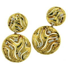 1970s Diamond Gold Disc Dangle Earrings