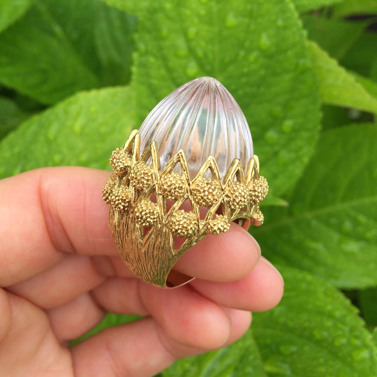 French Carved Rock Crystal Textured Gold Thistle Ring For Sale 1