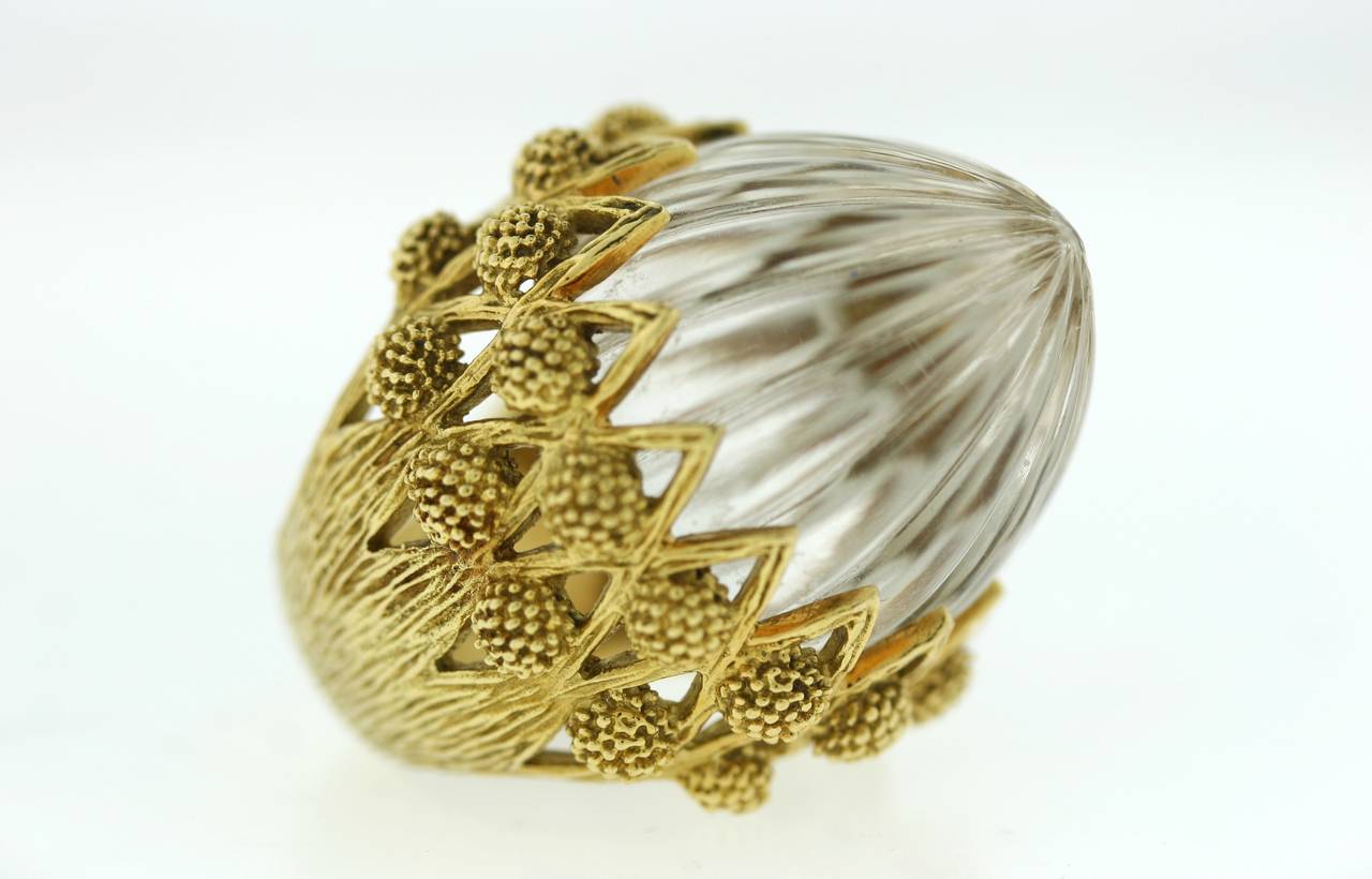 French Carved Rock Crystal Textured Gold Thistle Ring In Excellent Condition For Sale In New York, NY