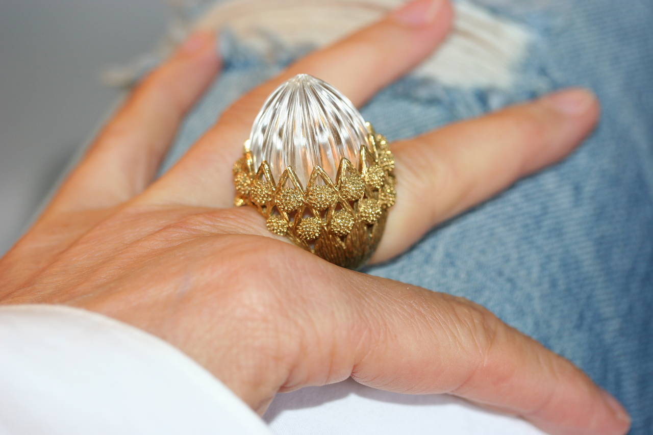 Women's French Carved Rock Crystal Textured Gold Thistle Ring For Sale