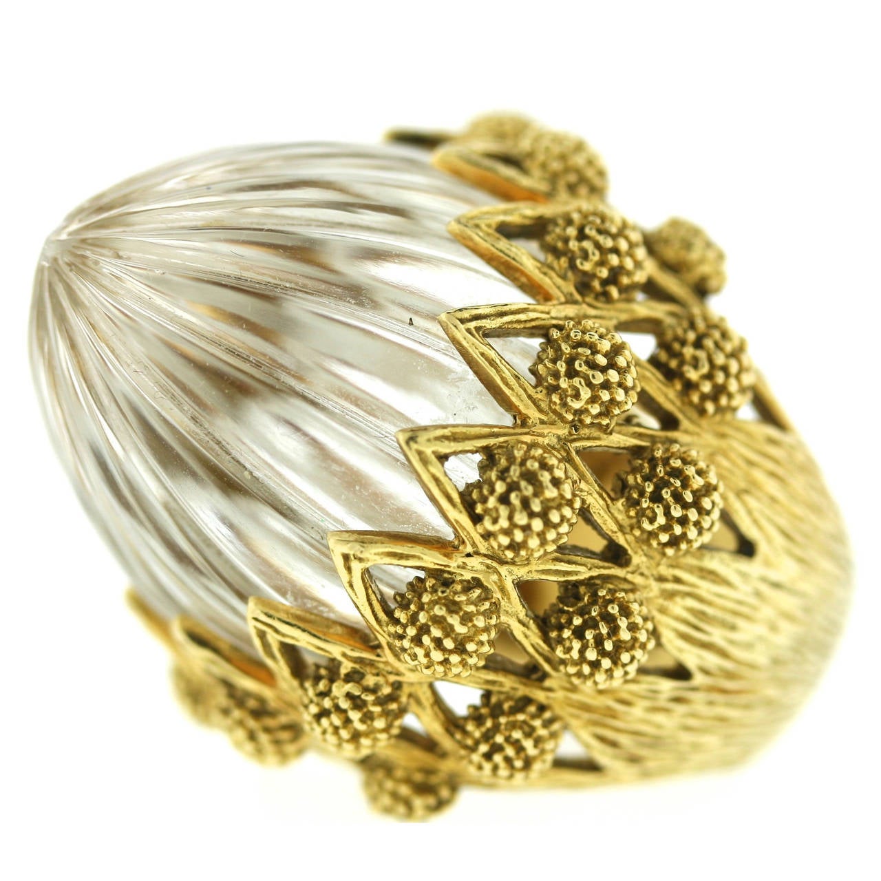 French Carved Rock Crystal Textured Gold Thistle Ring For Sale