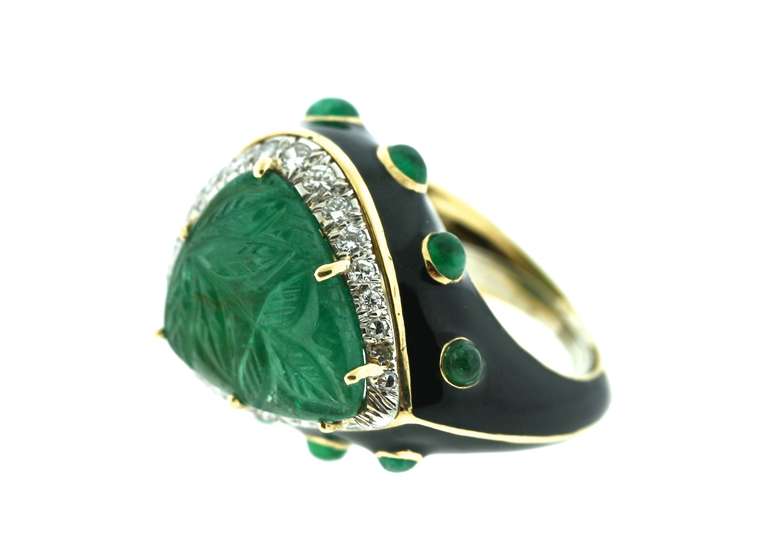 Women's DAVID WEBB Carved Emerald, Diamond and Enamel Ring