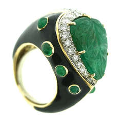 DAVID WEBB Carved Emerald, Diamond and Enamel Ring
