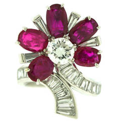 Van Cleef & Arpels Ruby Diamond Platinum Stylized Flower Motif Ring
