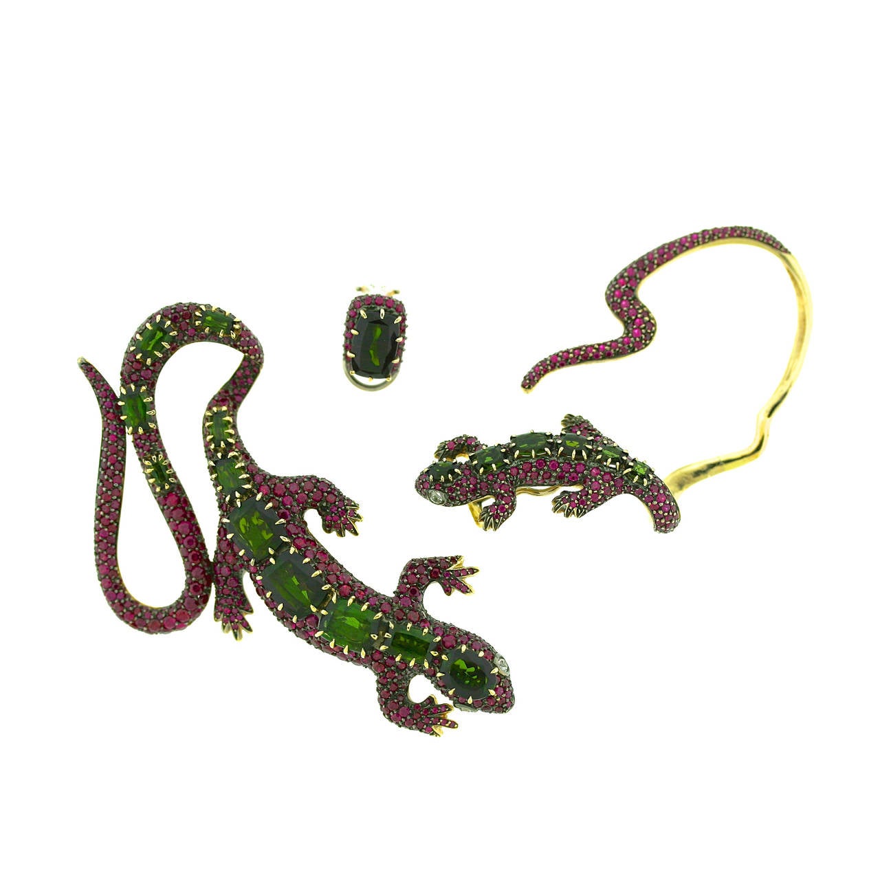 H. Stern Pink and Green Tourmaline Gold Salamander Brooch and Ear Cuff Suite For Sale