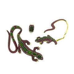 H. Stern Pink and Green Tourmaline Gold Salamander Brooch and Ear Cuff Suite