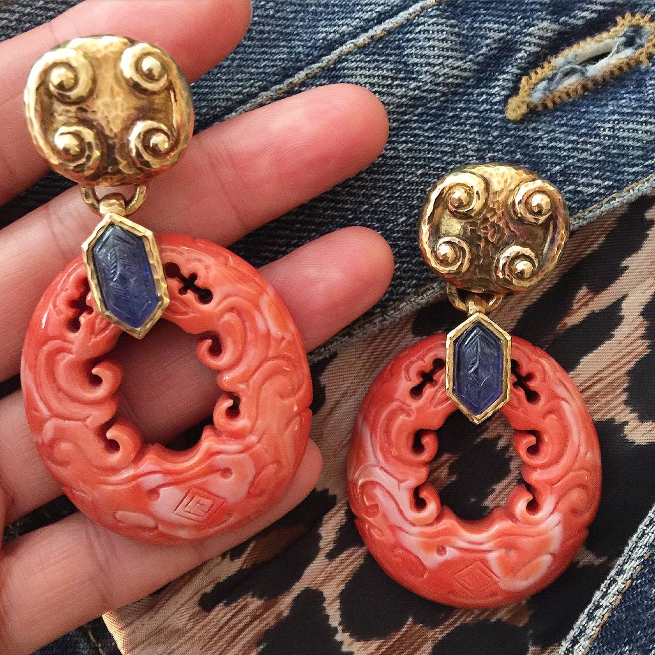 David Webb Carved Coral Sapphire Gold Earrings 1