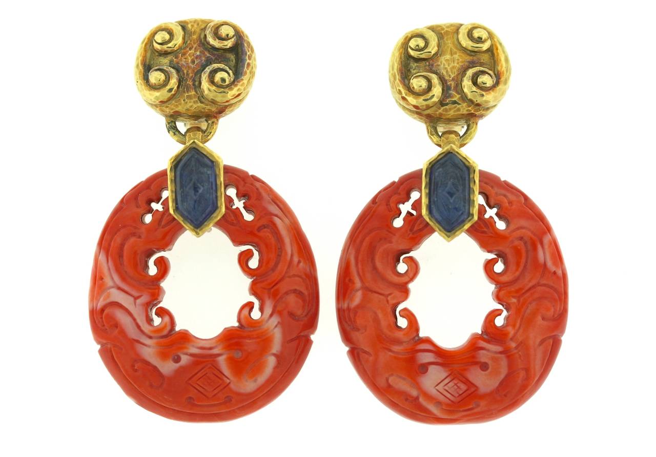 Women's David Webb Carved Coral Sapphire Gold Earrings