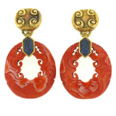 David Webb Carved Coral Sapphire Gold Earrings