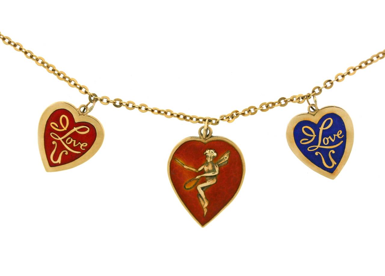 Enamel Gold Heart Charm Necklace In Good Condition In New York, NY