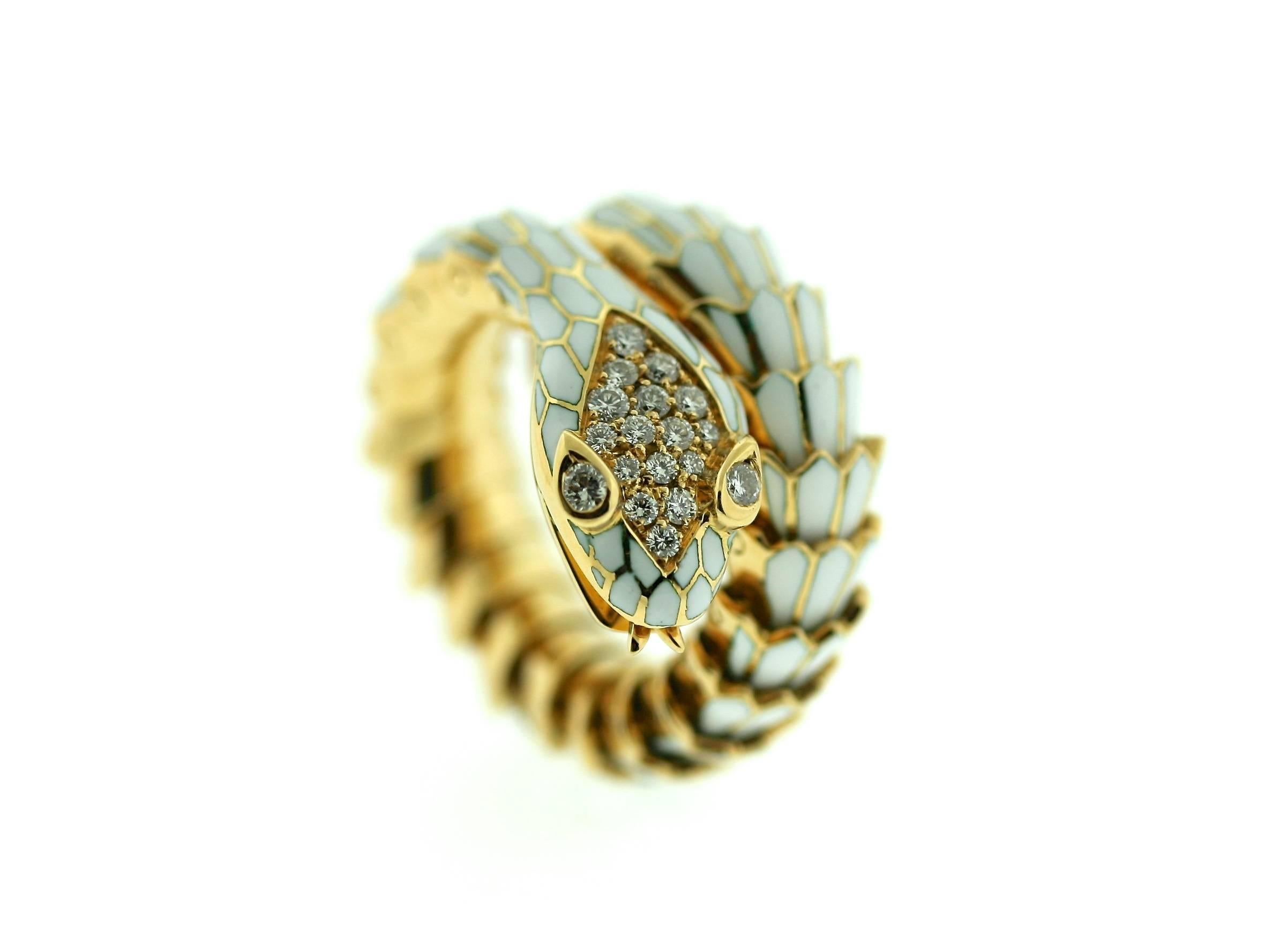 Women's 1970s Illario Enamel Gold Pave Diamond Coiled Serpent Ring
