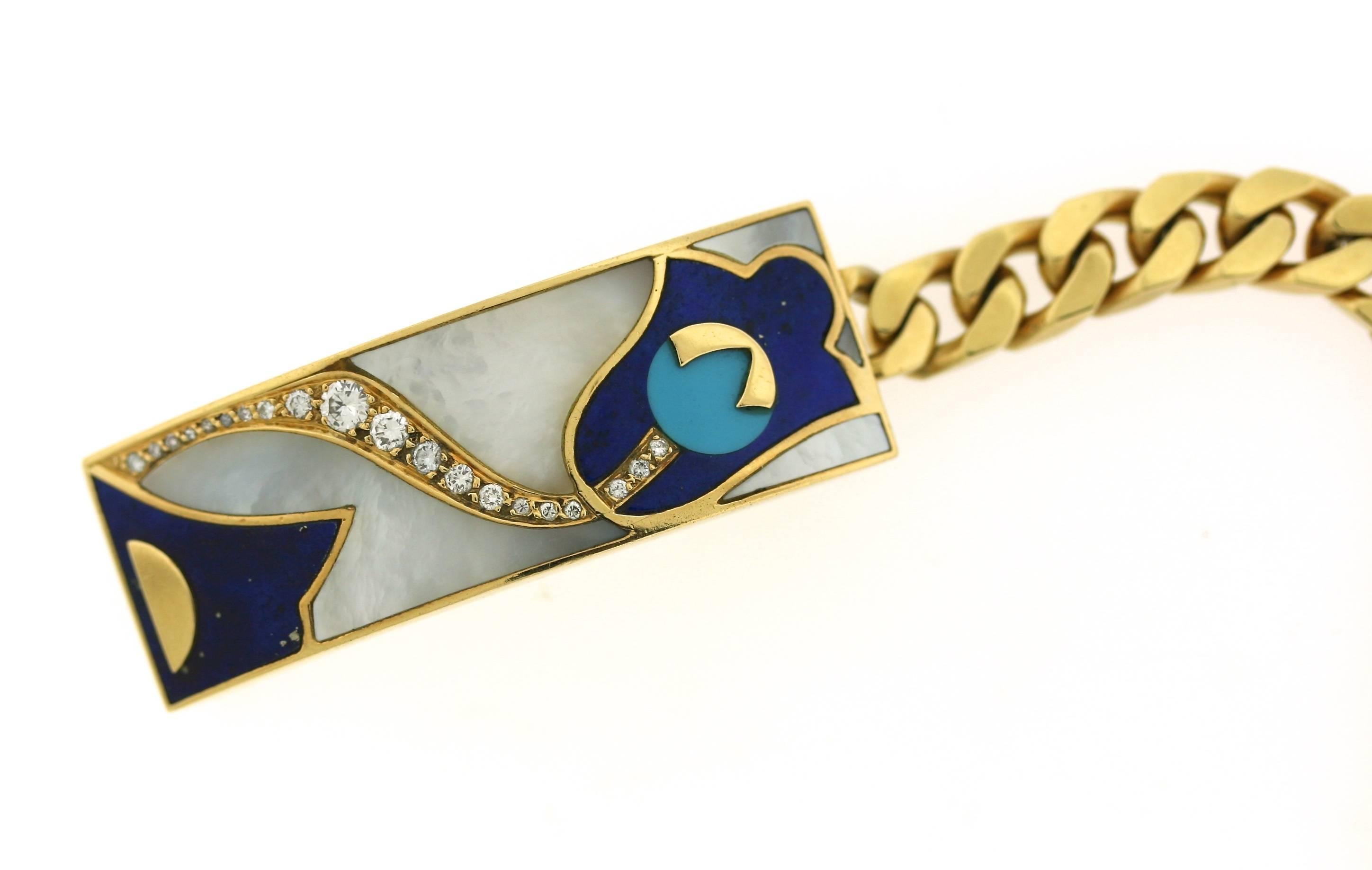 Bulgari Inlaid Stone Enamel Gold ID Bracelet In Excellent Condition In New York, NY