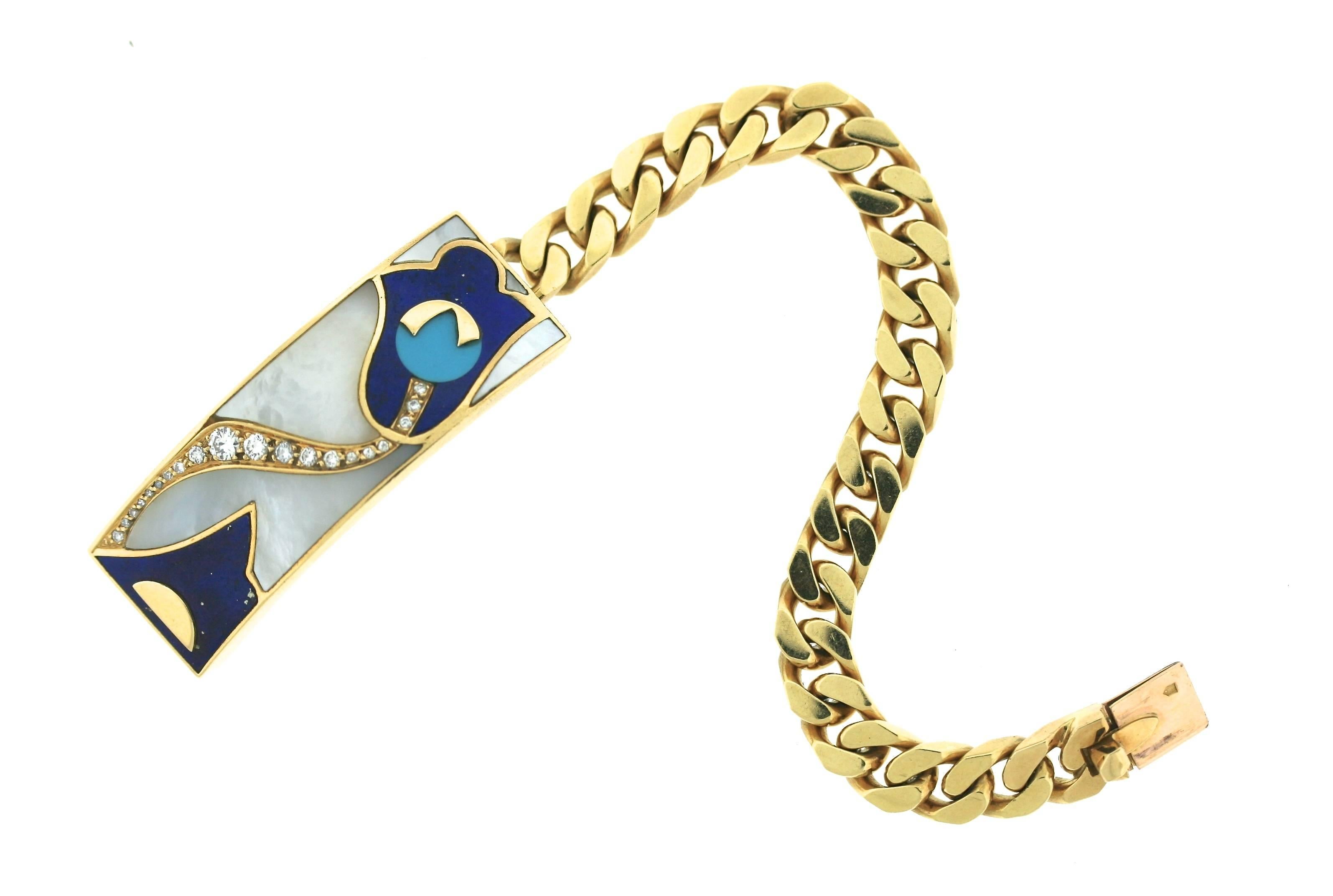 Bulgari 18k gold ID bracelet with heavy curb link chain centering a rectangular plaque of a stylized tulip design with inlaid mother-of-pearl, lapis and turquoise enamel with inset diamonds. The vibrant colors and whimsical style of this
