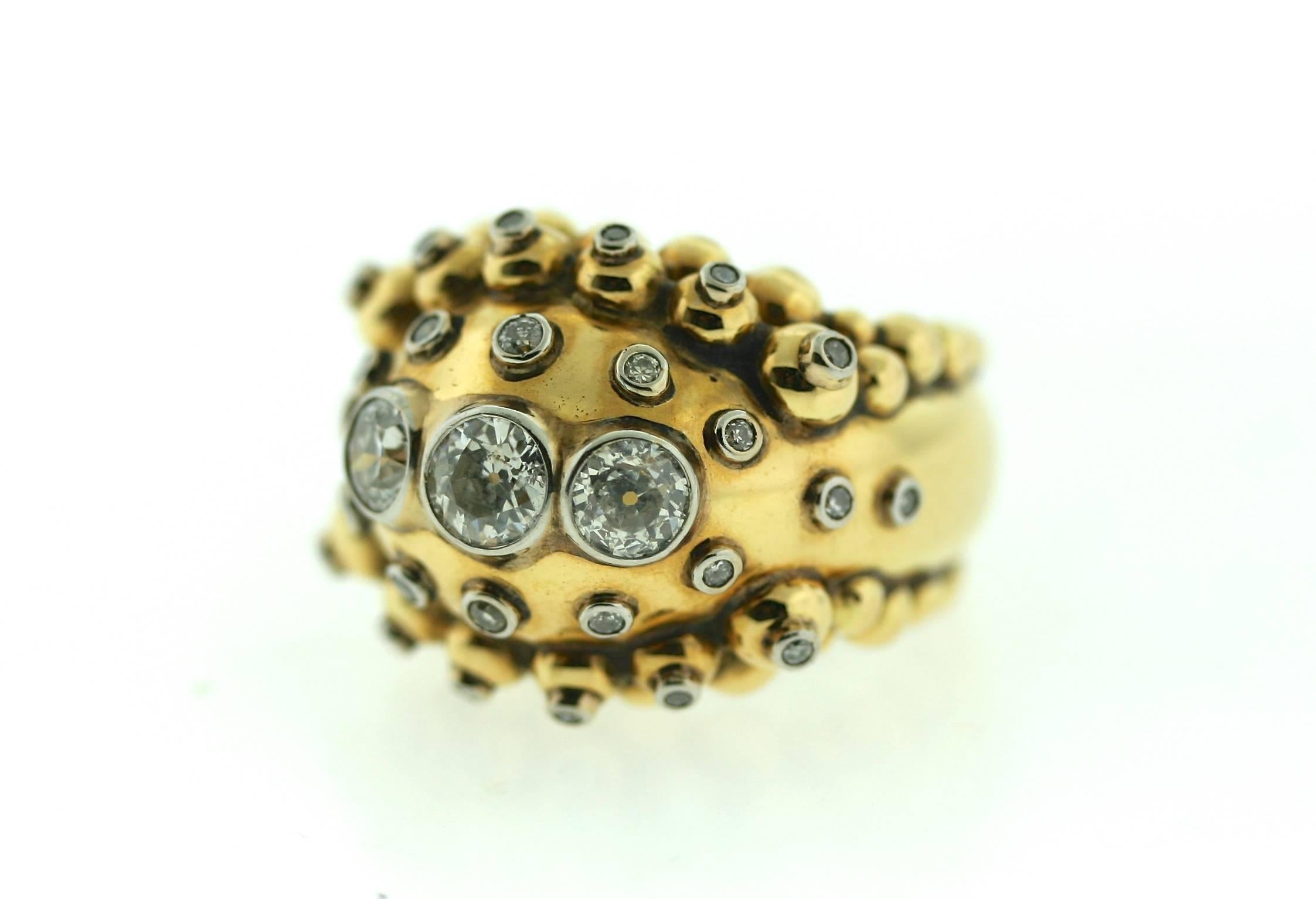Women's French Diamond Gold Bombe Ring For Sale
