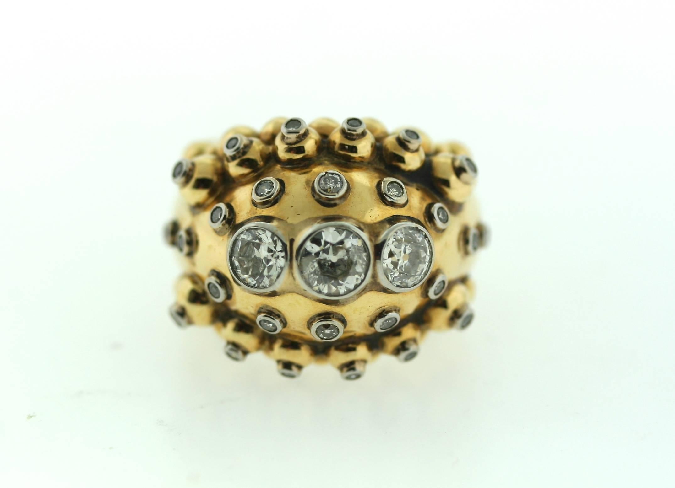 French Diamond Gold Bombe Ring In Excellent Condition For Sale In New York, NY
