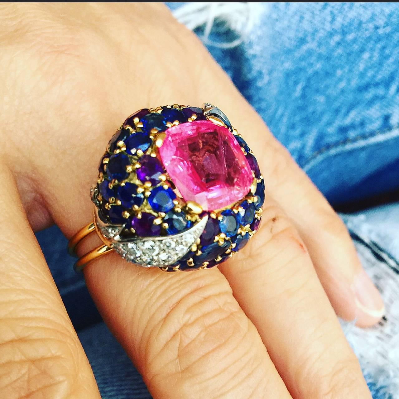 1960s Schlumberger Natural Pink Sapphire Diamond Gold Platinum Bombe Ring For Sale 2