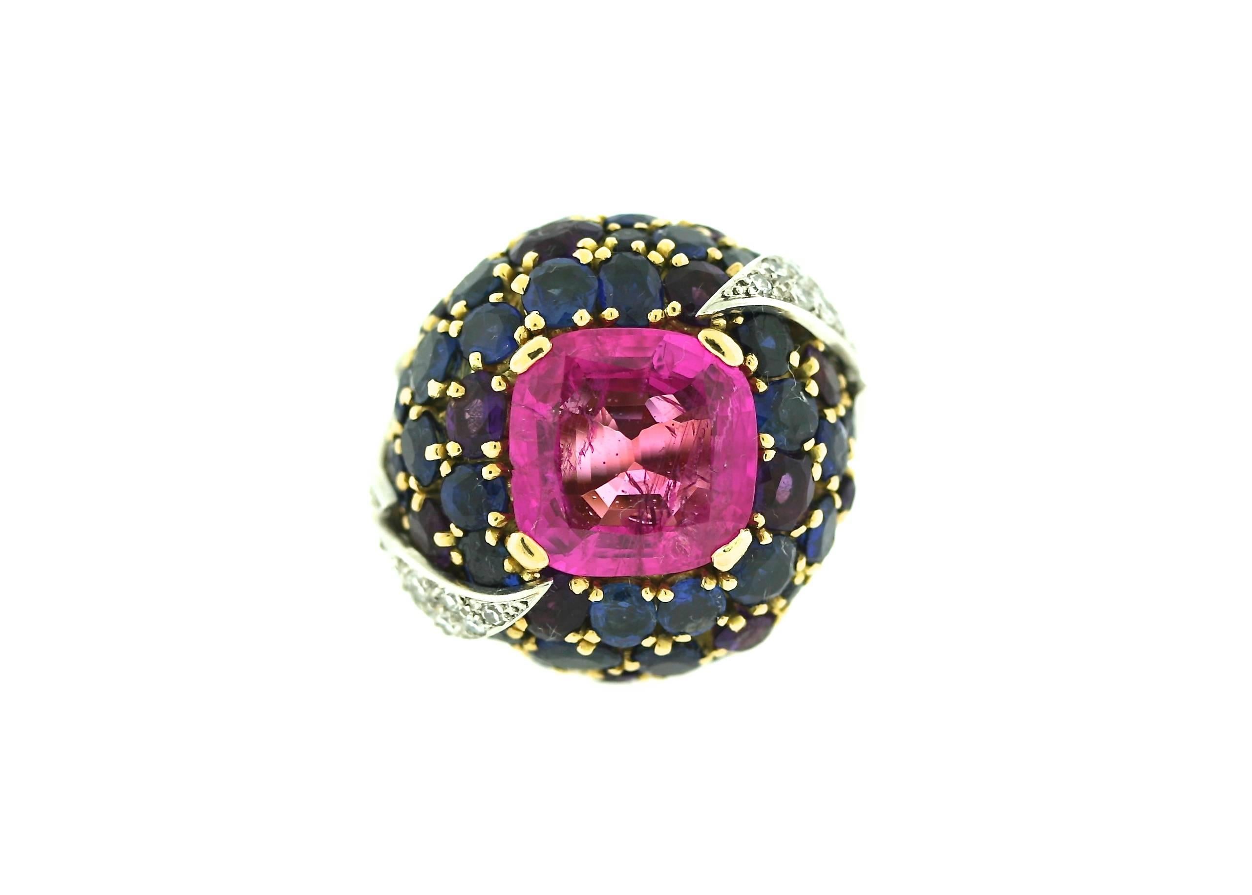 1960s Schlumberger Natural Pink Sapphire Diamond Gold Platinum Bombe Ring For Sale 1