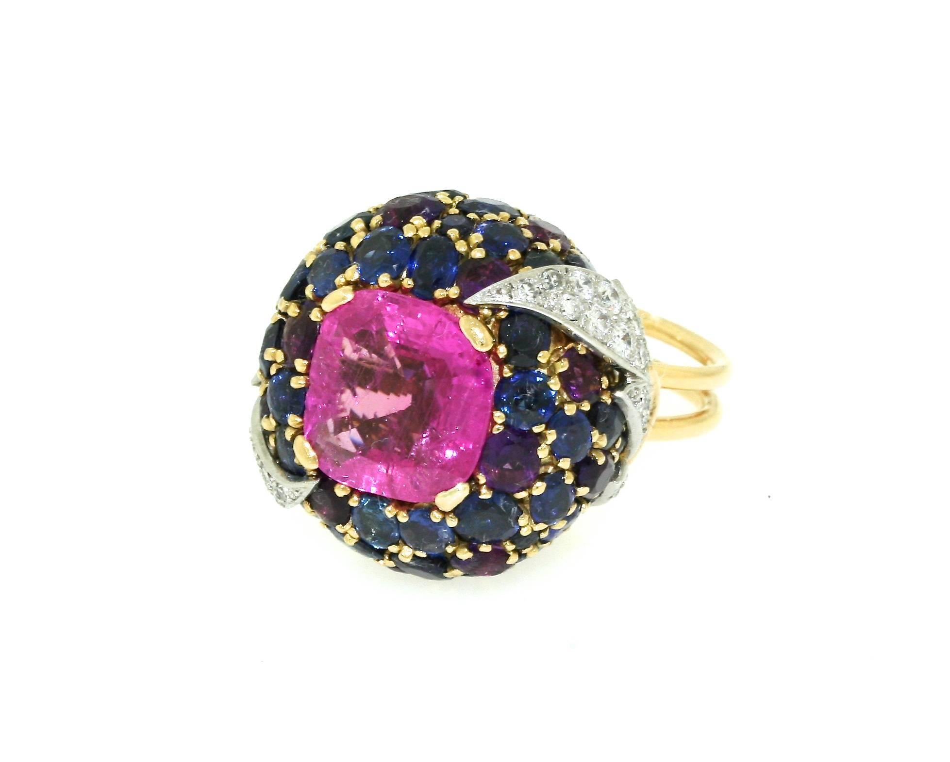 1960s Schlumberger Natural Pink Sapphire Diamond Gold Platinum Bombe Ring In Excellent Condition For Sale In New York, NY