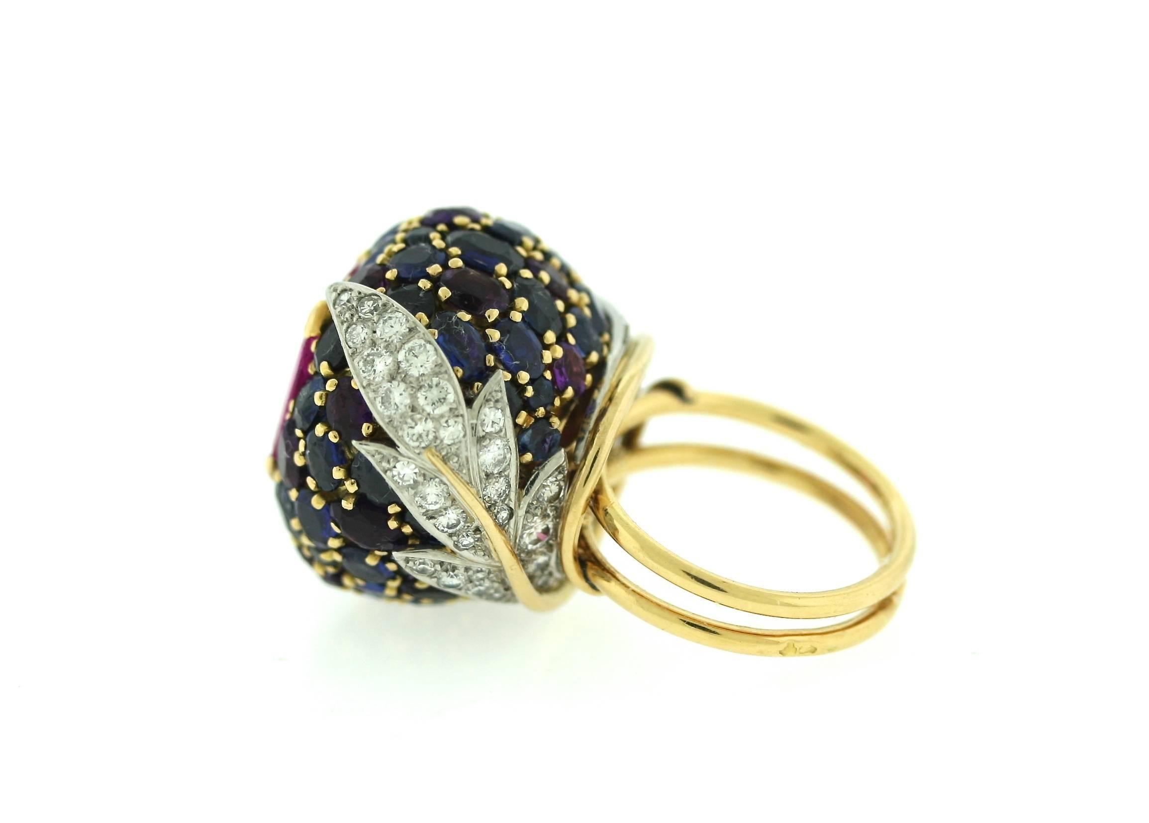 Women's or Men's 1960s Schlumberger Natural Pink Sapphire Diamond Gold Platinum Bombe Ring For Sale